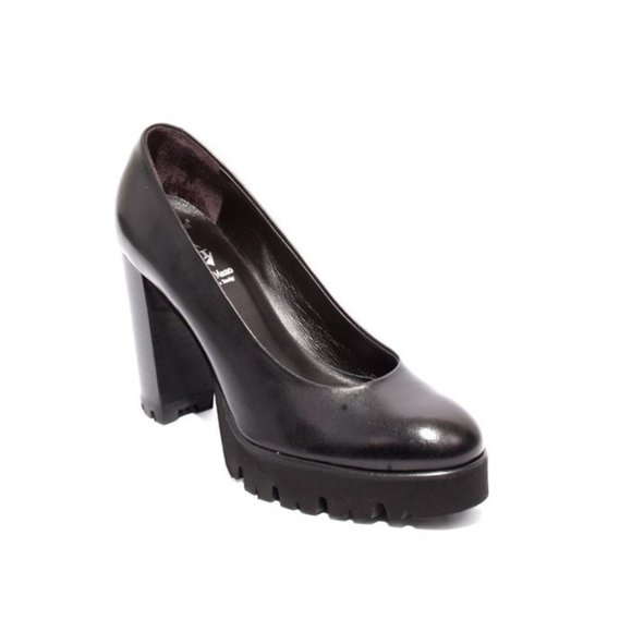 Italian Black Leather Platform Heel Shoes Pumps - Picture 1 of 8